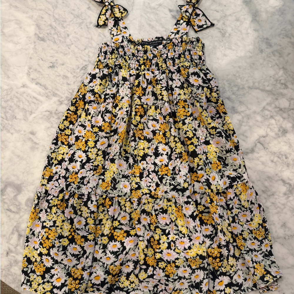 Girls Black Floral Tie-Shoulder Sundress with Yellow & White Blooms